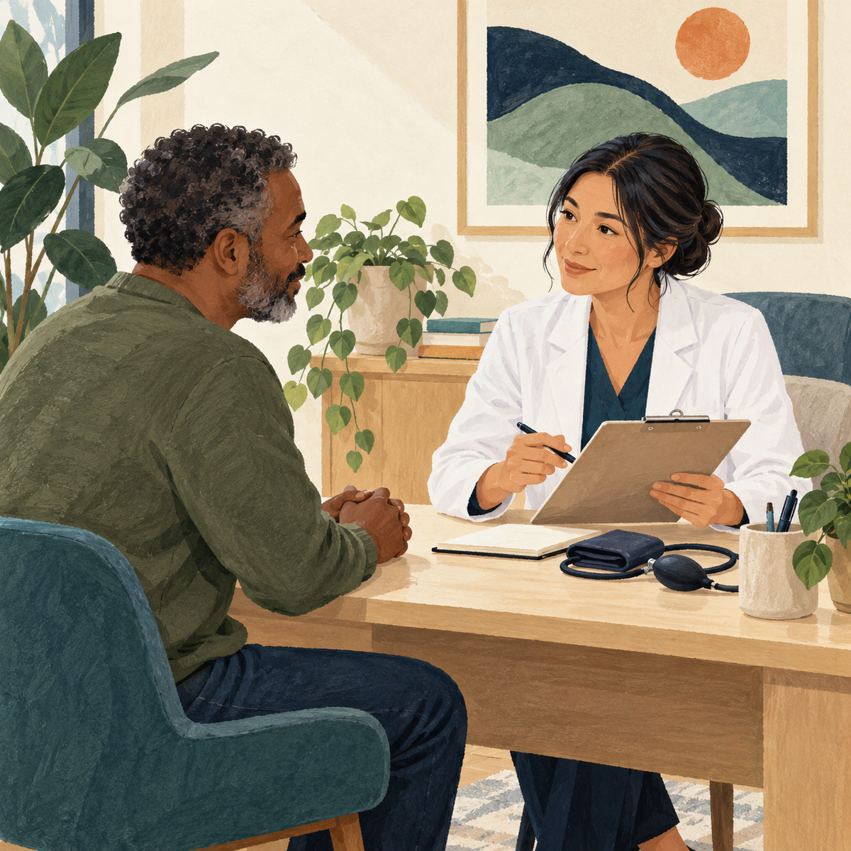 Illustration of an adult and clinician discussing an ADHD medication assessment.