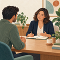 Illustration of an adult discussing ADHD assessment with one psychologist.