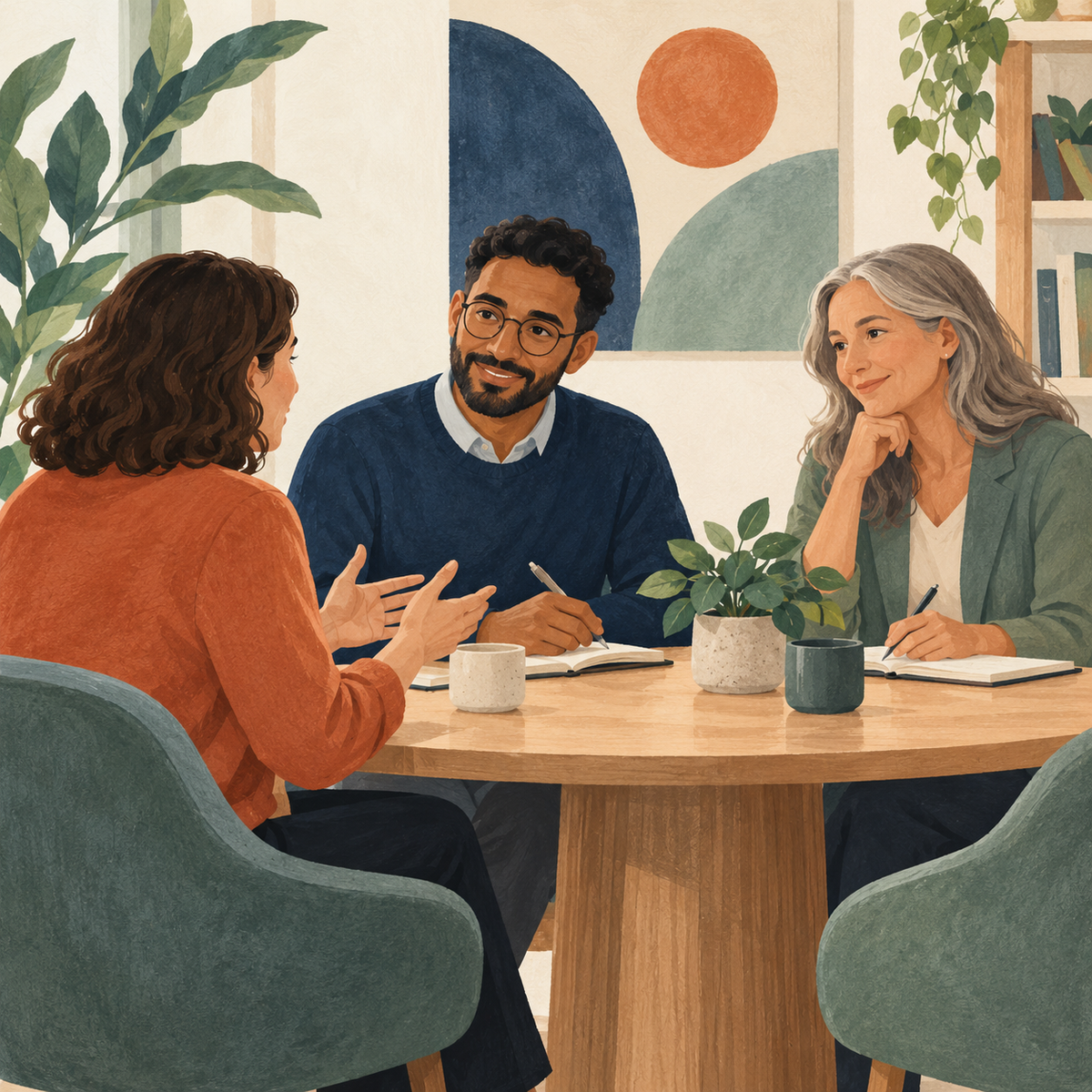 Illustration of an adult in an ADHD consultation with two assessors.