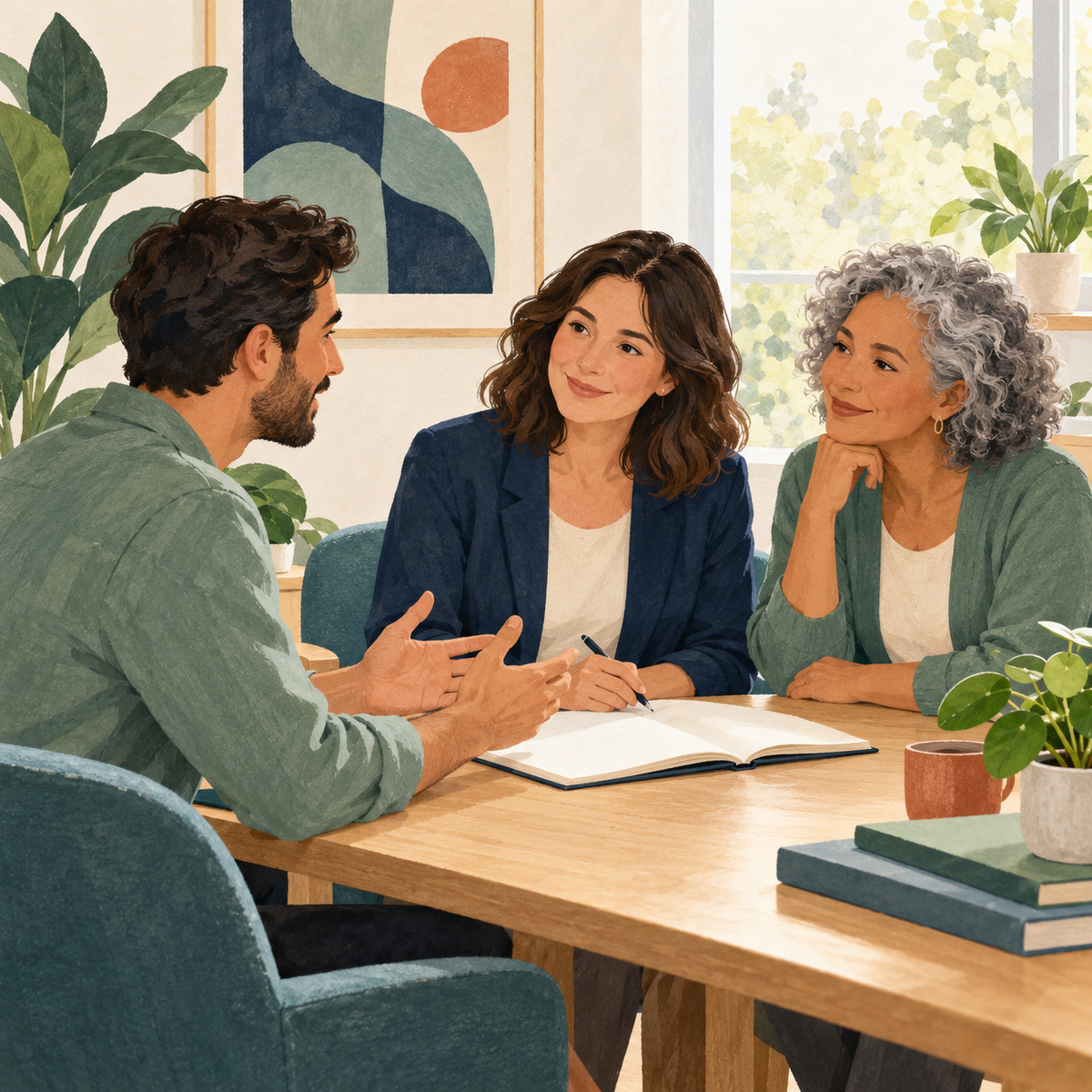 Illustration of an adult discussing autism assessment with two professionals.