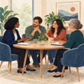 Illustration of an adult and supporter meeting with two assessment professionals.