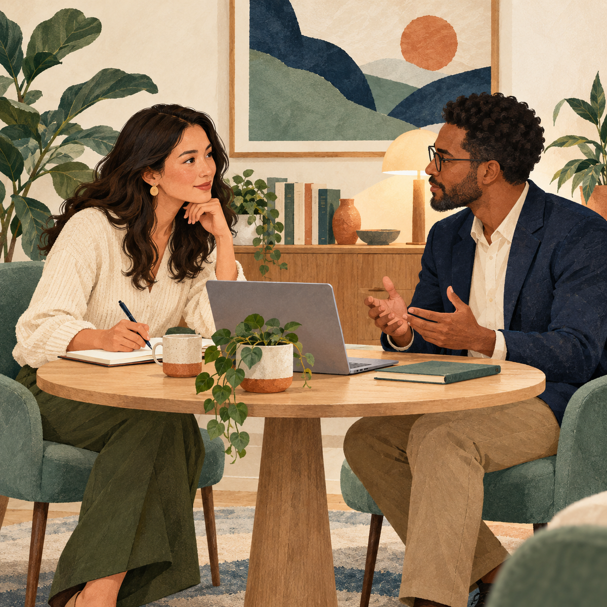 Illustration of two professionals in a consultation with a laptop and notebooks.