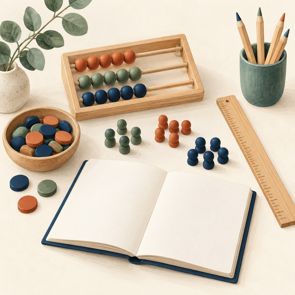 Illustration of counting beads, counters and a notebook for a numeracy assessment.