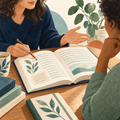 Illustration of an open book and reading discussion during a dyslexia assessment.