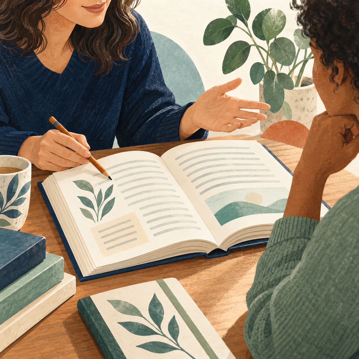 Illustration of an open book and reading discussion during a dyslexia assessment.