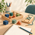 Illustration of coordination blocks, a lacing board, pencil and notebook.
