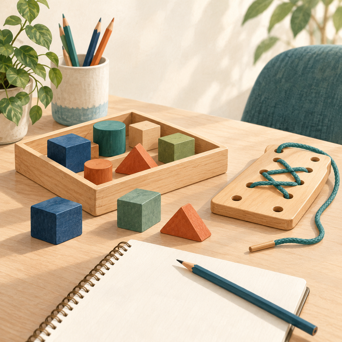 Illustration of coordination blocks, a lacing board, pencil and notebook.