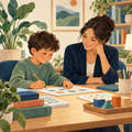 Illustration of a school-age learner completing activities with a psychologist.