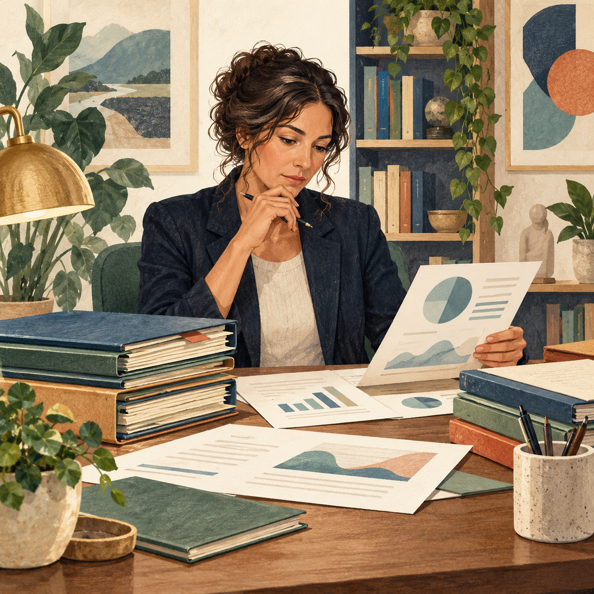 Illustration of a psychologist carefully reviewing case papers and charts.
