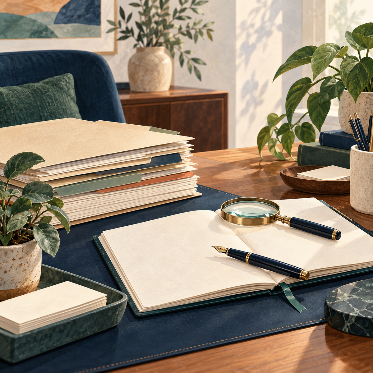 Illustration of case folders, a magnifying glass, notebook and pen for an evidence review.