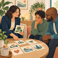 Illustration of an adult, supporter and psychologist reviewing visual planning cards.