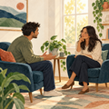 Illustration of two adults having a calm mental health assessment conversation.
