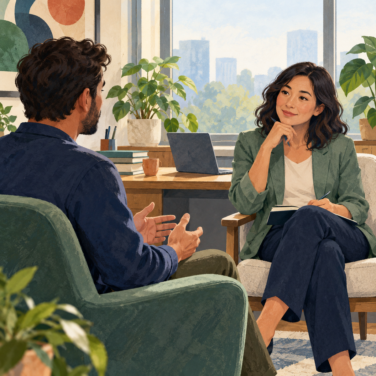 Illustration of an employee discussing wellbeing and work with a psychologist.