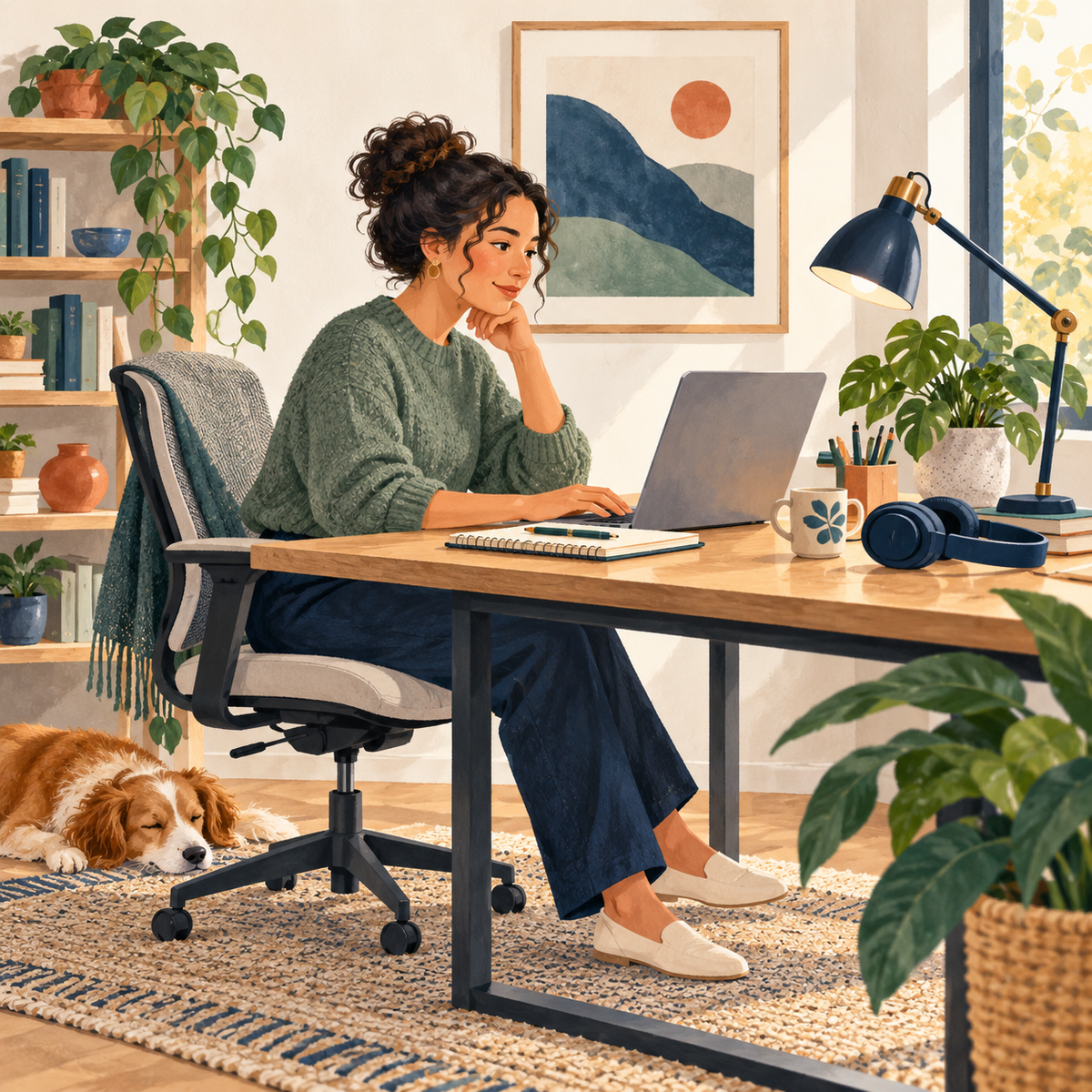 Illustration of a comfortable work area with an adjustable chair, laptop and headphones.